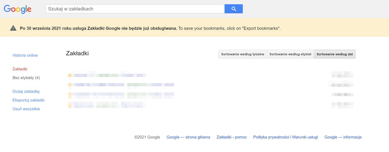 Zakładki Google przestaną działać po 30 września 2021 roku