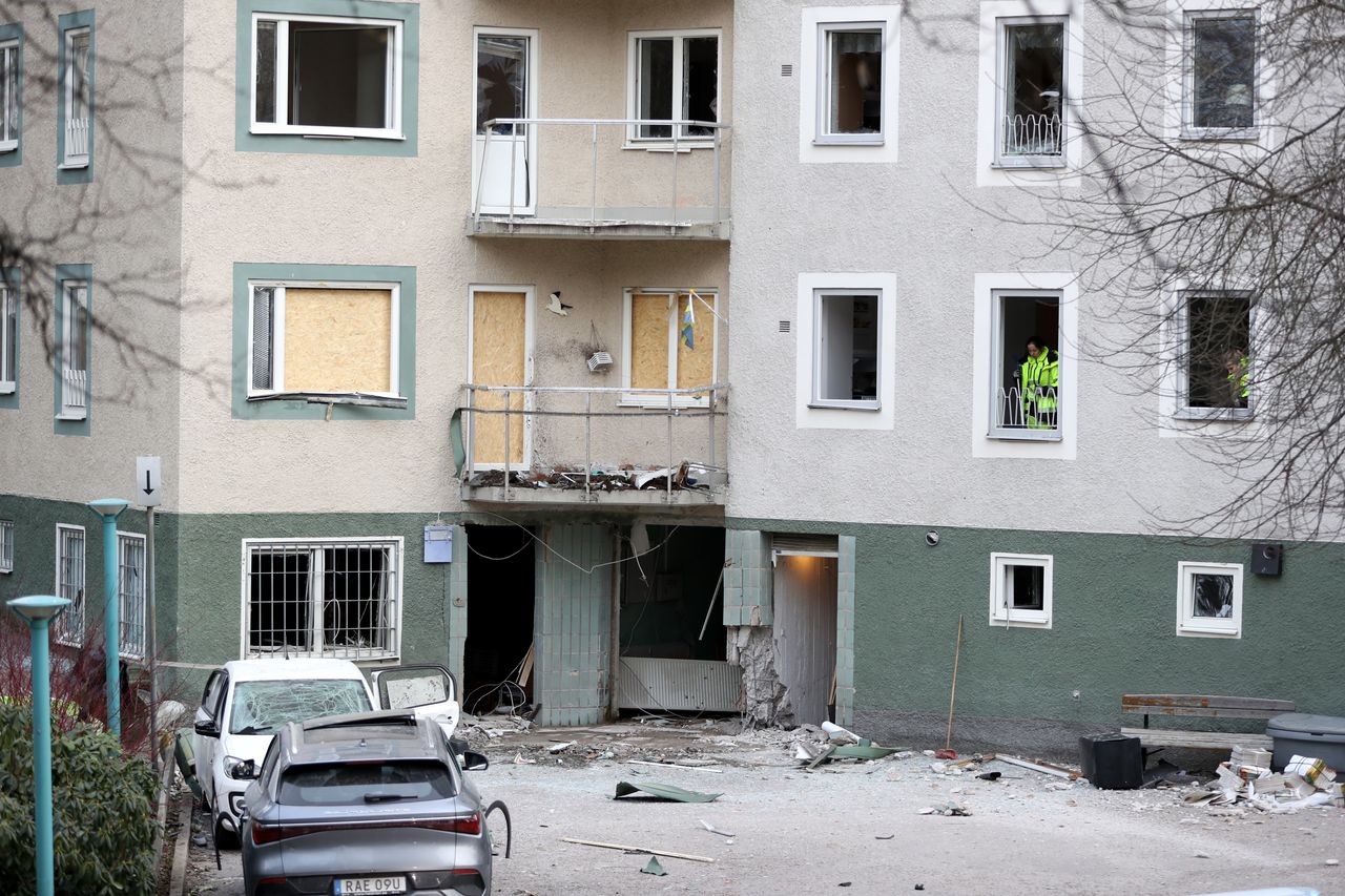 STOCKHOLM, SWEDEN - FEBRUARY 02: General view damaged caused to a block of flats after a gang-related bomb exploded early in the morning on February 02, 2024 in Sundbyberg, Sweden. Sweden has recently been in the grip of a bloody conflict between gangs fighting over arms and drug trafficking. (Photo by Linnea Rheborg/Getty Images)