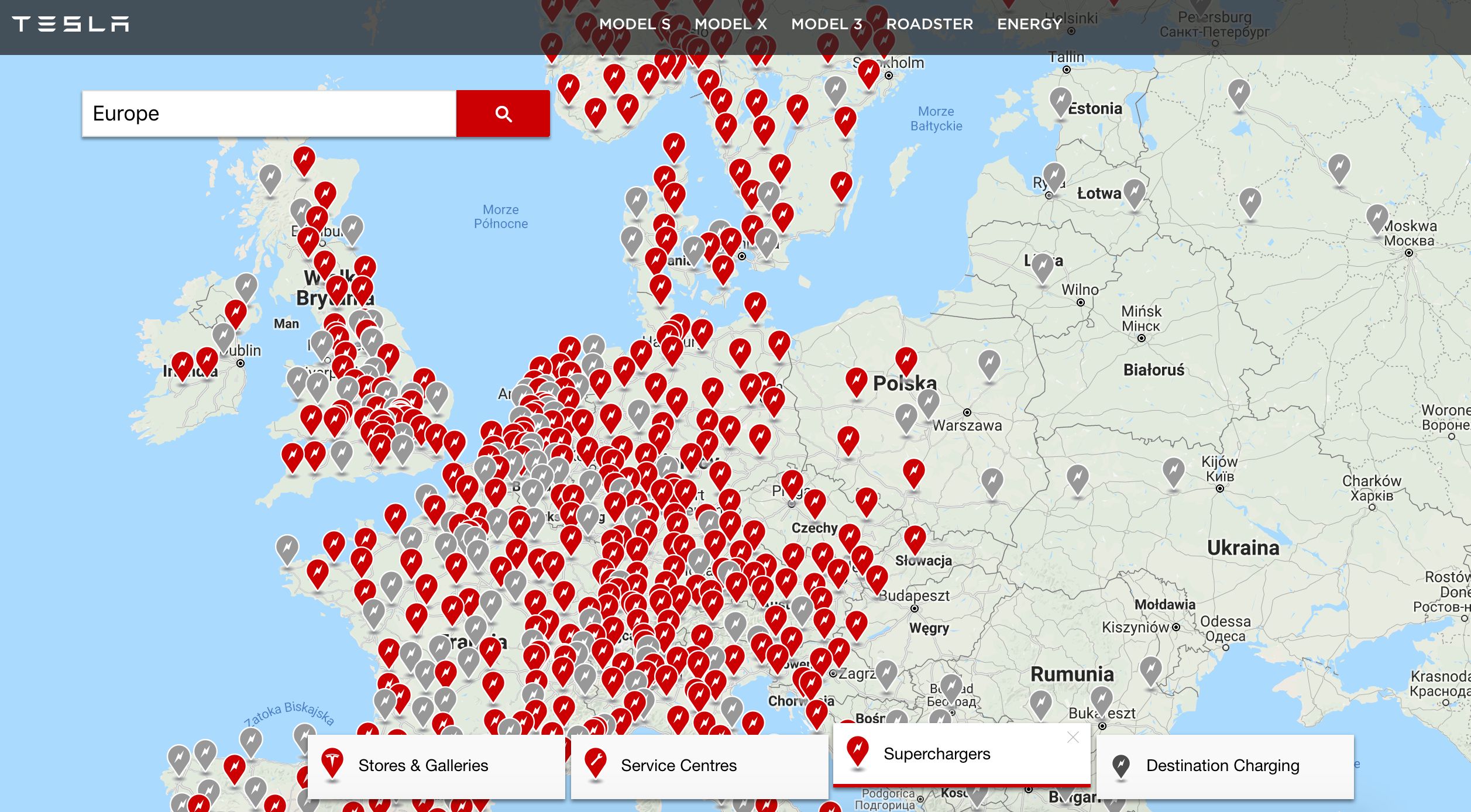 Mapa ładowarek Supercharger. (źródło: Tesla)