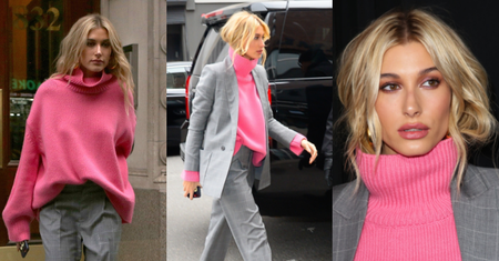 Opalona Hailey Baldwin zmierza na pokaz w obszernym, różowym golfie