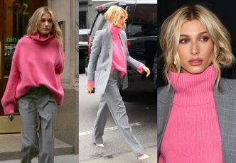 Opalona Hailey Baldwin zmierza na pokaz w obszernym, różowym golfie