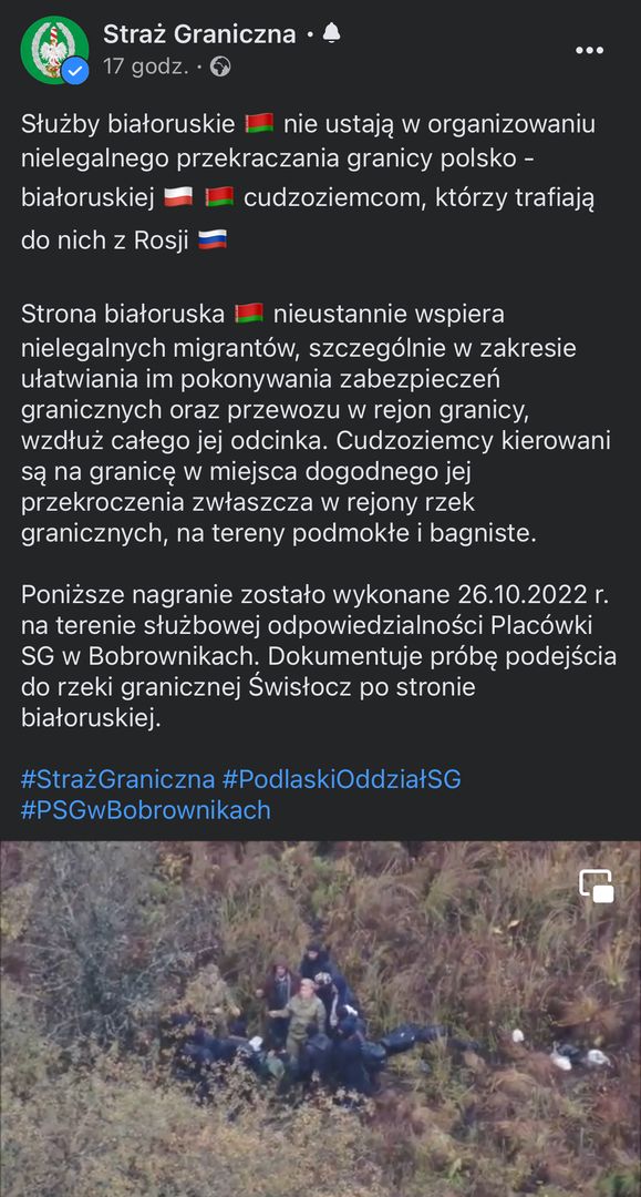 Screen z filmiku SG dokumentujący wsparcie nielegalnych przekroczeń granicy przez białoruskie służby