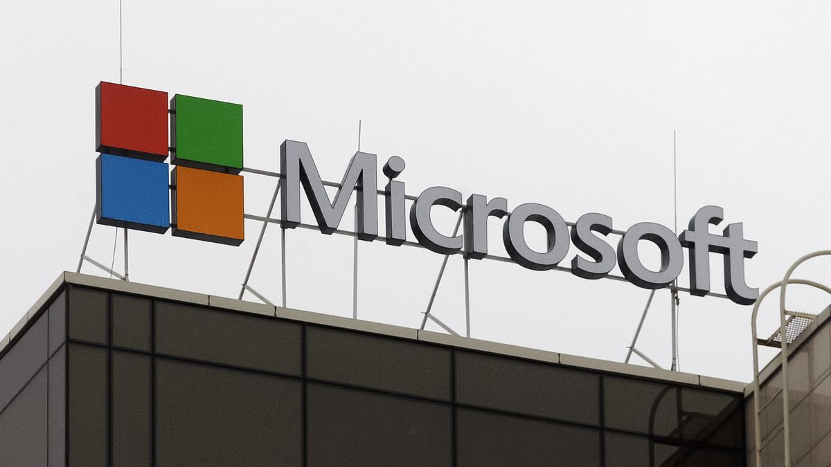 Microsoft Corporation logo is seen on a top of a building in Kyiv, Ukraine, 31 January 2022. (Photo by STR/NurPhoto via Getty Images)