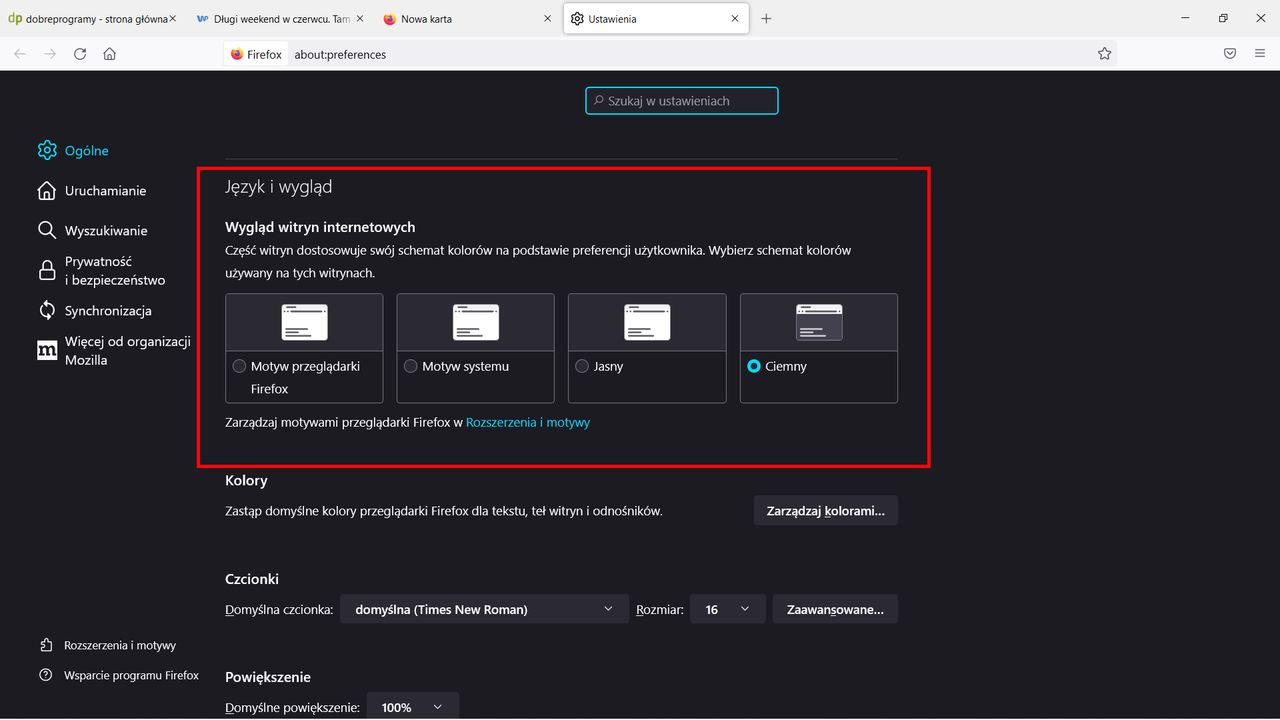 Firefox: sekcja Język i wygląd, gdzie zmienimy tryb ciemny