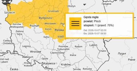 IMGW ostrzega mieszkańców Płocka i powiatu. W nocy pojawią się gęste mgły