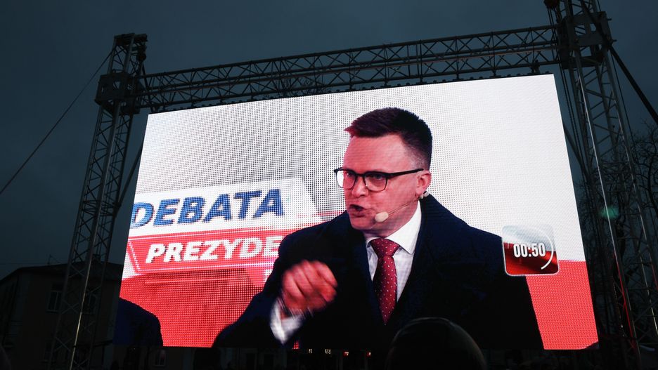 Końskie, 11.04.2025. Wybory Prezydenta RP 2025 - kampania. Kandydat Trzeciej Drogi, marszałek Sejmu Szymon Hołownia na pierwszej debacie prezydenckiej w Końskich, 11 bm. (ad) PAP/Marian Zubrzycki