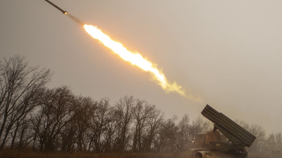 DONETSK OBLAST, UKRAINE - JANUARY 29: A view of the "Grad" artillery battery as it fires, in Donetsk Oblast, Ukraine on January 29, 2023. Artillery systems are actively used in the Donetsk region, where the intense attacks took place as the Russia-Ukraine War continues for more than 11 months. Artillery batteries are also being used on the frontine, along with various heavy weapons such as warplanes, helicopters, tanks and armored vehicles. (Photo by Mustafa Ciftci/Anadolu Agency via Getty Images)