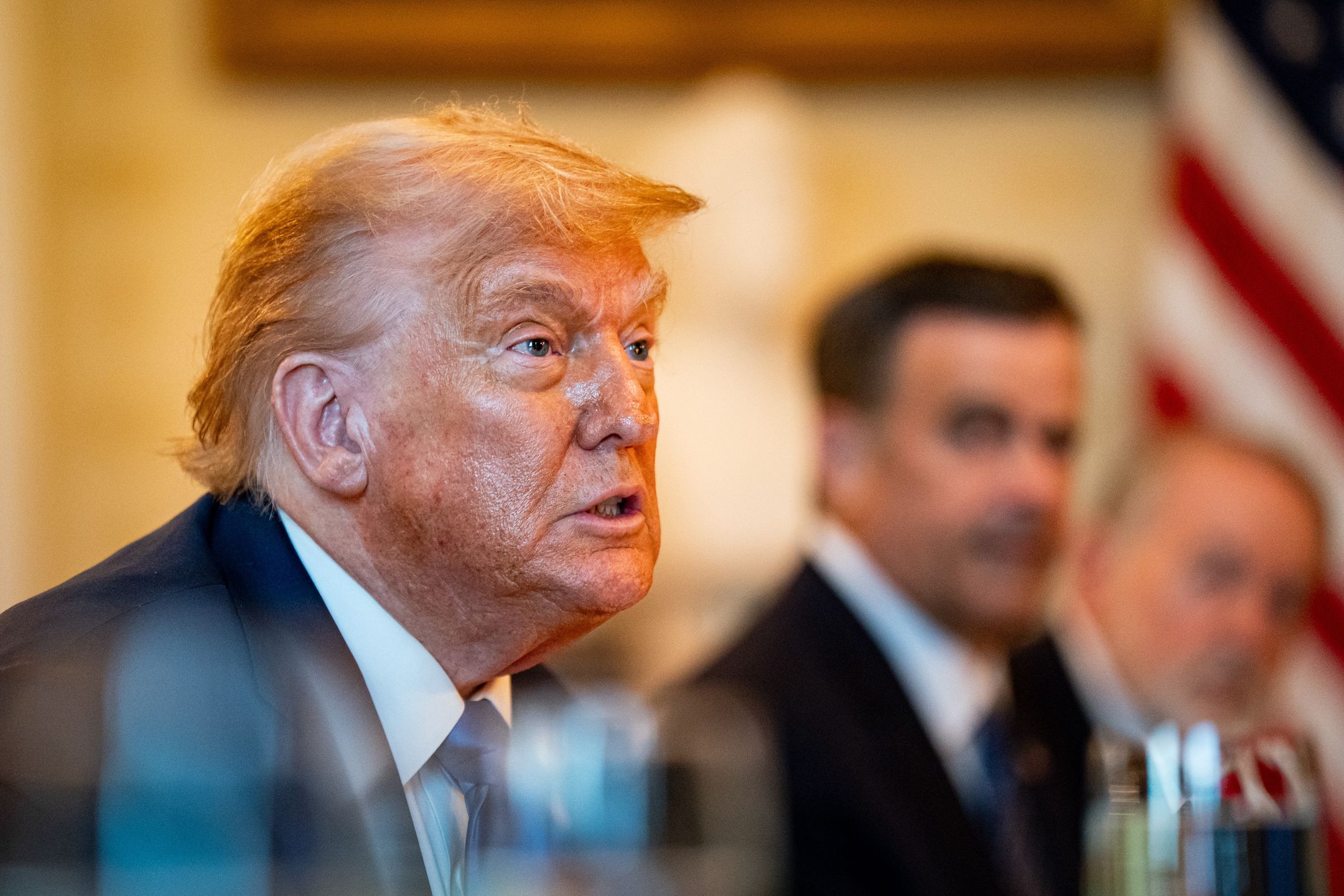 US President Donald Trump during a dinner with Benjamin Netanyahu, Israel's prime minister, not pictured, in the Blue Room of the White House in Washington, DC, US, on Monday, July 7, 2025. Israeli Prime Minister Benjamin Netanyahu told President Donald Trump he nominated him for the Nobel Peace Prize, using a visit to the White House to further cement the pairs relationship as the US presses for a ceasefire in Gaza. Photographer: Al Drago/Bloomberg via Getty Images