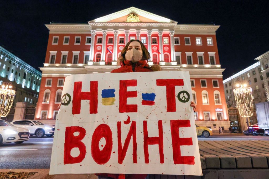 Anti-war protest in MoscowMOSCOW, RUSSIA - FEBRUARY 24, 2022: A demonstrator holds a sign with a message reading "No To War" during an unsanctioned anti-war protest in central Moscow. Early on 24 February, Russia's President Putin announced his decision to launch a special military operation after considering requests from the leaders of the Donetsk People's Republic and Lugansk People's Republic. Sergei Karpukhin/TASS (Photo by Sergei Karpukhin\TASS via Getty Images)Sergei Karpukhinanti-war, pacifist, russian-ukrainian relations, russian-ukrainian conflict