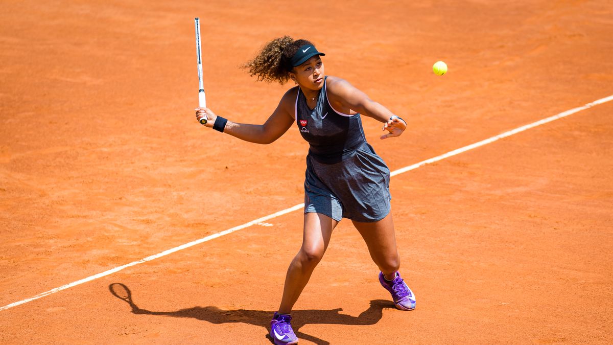 ROME, ITALY - MAY 12: Naomi Osaka of Japan in action against Jessica Pegula of the United States in the second round of the Internazionali BNL D'Italia at Foro Italico on May 12, 2021 in Rome, Italy (Photo by Robert Prange/Getty Images)