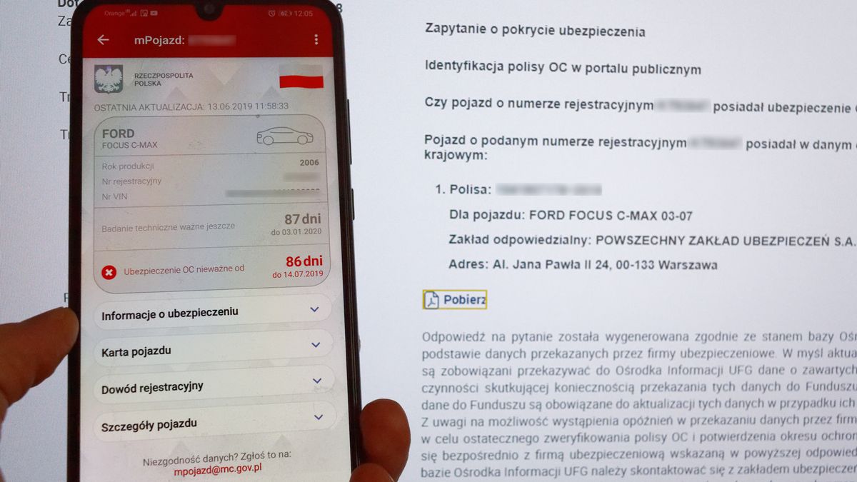 W bazie UFG samochód widnieje jako ubezpieczony. Według aplikacji mPojazd nie ma ważnego OC.