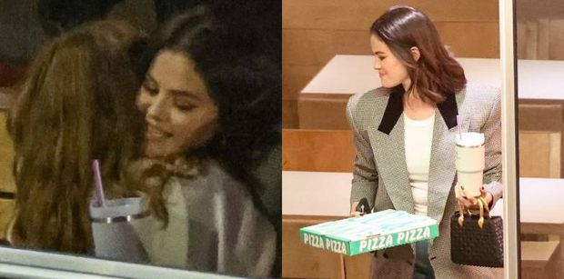 Rozpromieniona Selena Gomez w towarzystwie młodszej siostry maszeruje z kartonikiem pizzy w Beverly Hills