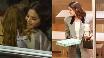 Rozpromieniona Selena Gomez w towarzystwie młodszej siostry maszeruje z kartonikiem pizzy w Beverly Hills