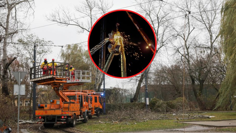 Naprawa trakcji tramwajowej uszkodzonej w wyniku upadku drzewa przy pętli Kawęczyńska-Bazylika w Warszawie