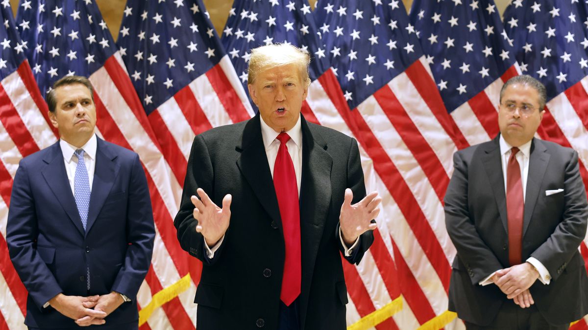 NEW YORK, NEW YORK - MARCH 25: Former President Donald Trump speaks during a press conference at 40 Wall Street after a pre-trial hearing on March 25, 2024 in New York City. Judge Juan Merchan scheduled Trump's criminal trial to begin on April 15, which would make it the first criminal prosecution of a former American president. Trump was charged with 34 counts of falsifying business records last year, which prosecutors say was an effort to hide a potential sex scandal, both before and after the 2016 election.  (Photo by Michael M. Santiago/Getty Images)