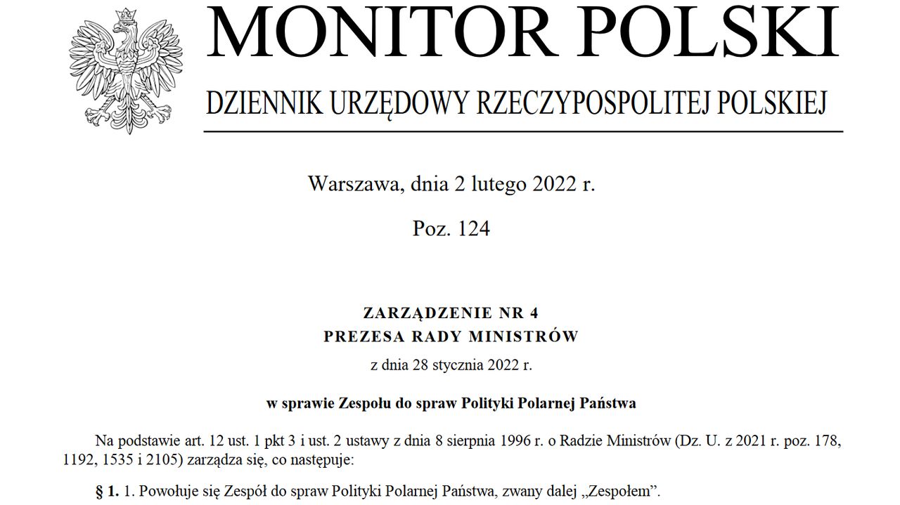 Zarządzenie premiera ws. powołania zespołu ds. polityki polarnej / źródło: monitorpolski.gov.pl