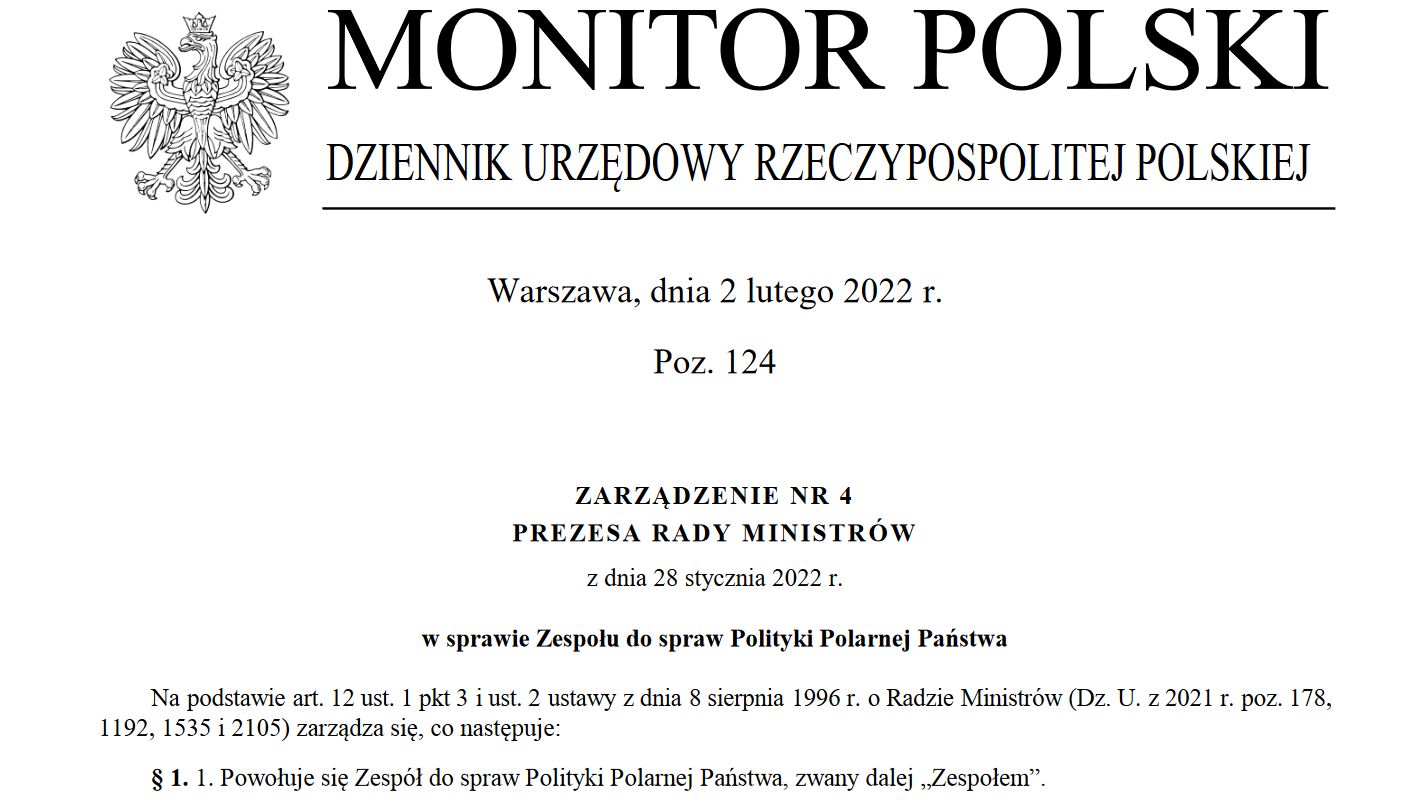 Zarządzenie premiera ws. powołania zespołu ds. polityki polarnej / źródło: monitorpolski.gov.pl