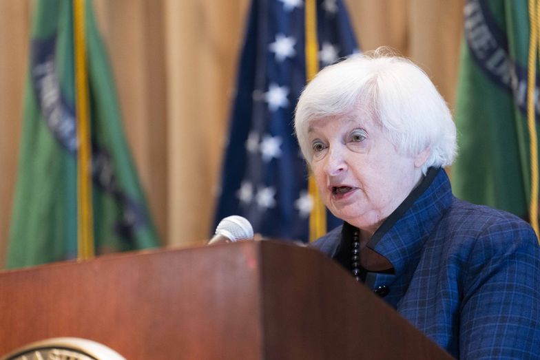 WASHINGTON, DC - APRIL 04: Treasury Secretary Janet Yellen speaks before swearing in new Internal Revenue Commissioner Danny Werfel at the IRS Headquarters on April 4, 2023 in Washington, DC. (Photo by Bonnie Cash/Getty Images)