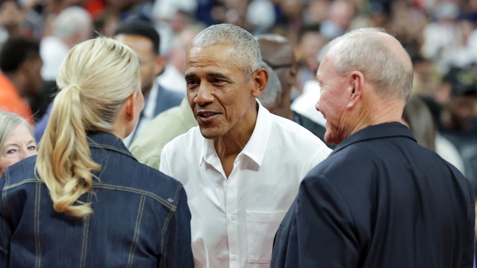 LAS VEGAS, NEVADA - JULY 10: Former U.S. President Barack Obama talks to guests as they attend an exhibition game between Canada and the United States ahead of the Paris Olympic Games at T-Mobile Arena on July 10, 2024 in Las Vegas, Nevada. The United States defeated Canada 86-72. (Photo by Ethan Miller/Getty Images)