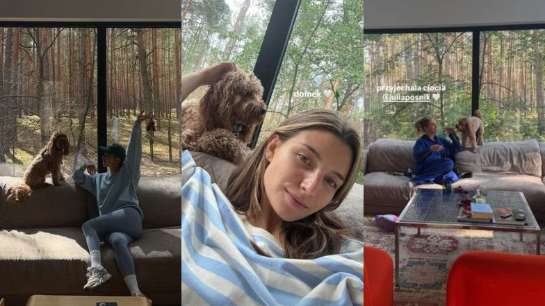 Odziana w kuse wdzianko Julia Wieniawa pozuje na tle "secret" wo