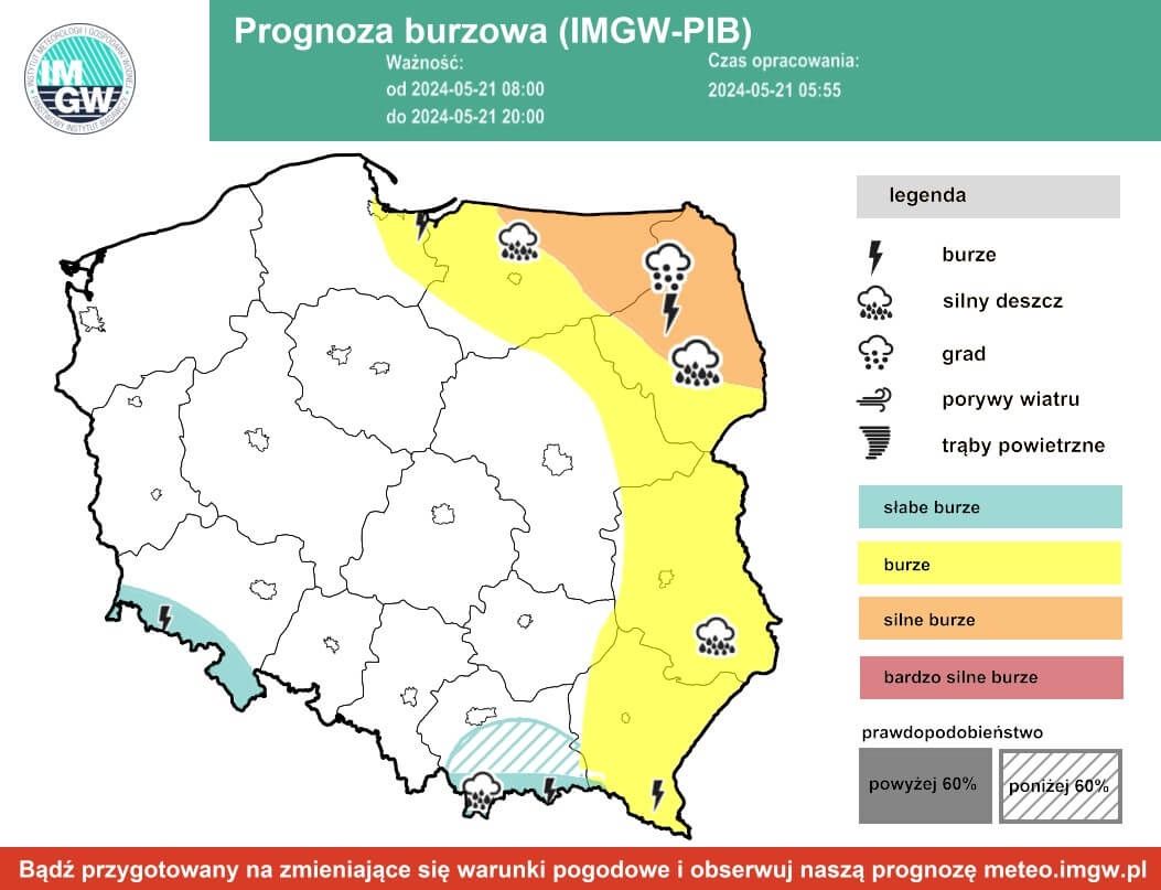 Prognoza burzowa IMGW na wtorek, 21 maja 2024