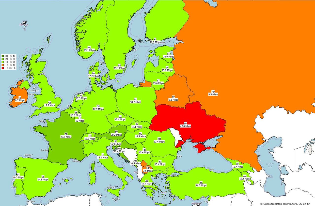 Średnie szybkości pobierania danych podczas korzystania z internetu mobilnego w Europie w pierwszym kwartale 2018 roku