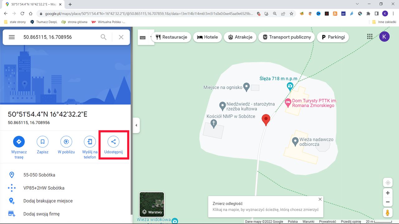 Google Maps: zakładka z możliwością Udostępnij