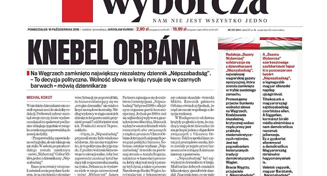 „Gazeta Wyborcza” solidaryzuje się z zamkniętym dziennikiem węgierskim, byli publicyści „Uważam Rze” zarzucają jej hipokryzję