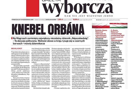 „Gazeta Wyborcza” solidaryzuje się z zamkniętym dziennikiem węgierskim, byli publicyści „Uważam Rze” zarzucają jej hipokryzję