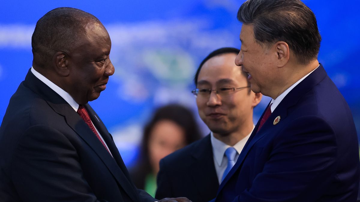 RIO DE JANEIRO, BRAZIL - NOVEMBER 18: Cyril Ramaphosa president of South Africa and Xi Jinping president of China talk during the first working session as part of the G20 Summit 2024 at Museu de Arte Moderna on November 18, 2024 in Rio de Janeiro, Brazil. The 2024 G20 Summit takes place in Brazil for the first time. The event gathers leaders of the most important economies. Starvation, sustainable development or social inclusion are some of the issues to be during the summit. (Photo by Buda Mendes/Getty Images)