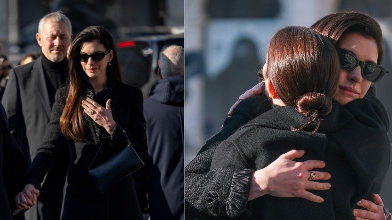 Anne Hathaway ZE ŁZAMI W OCZACH na pogrzebie Valentino. Smutek u