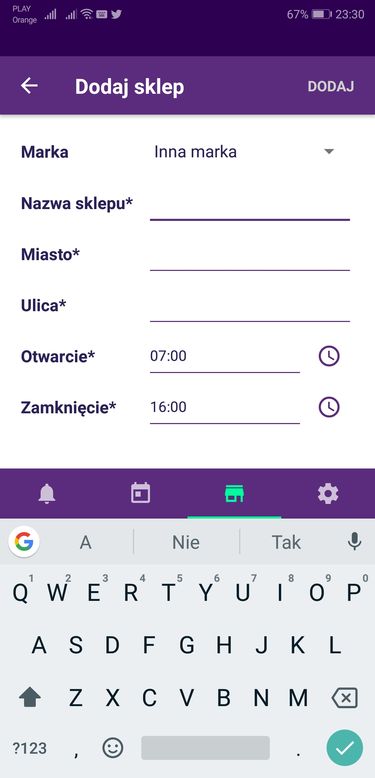 Formularz pozwalający na samodzielne dodanie informacji o otwartym sklepie.