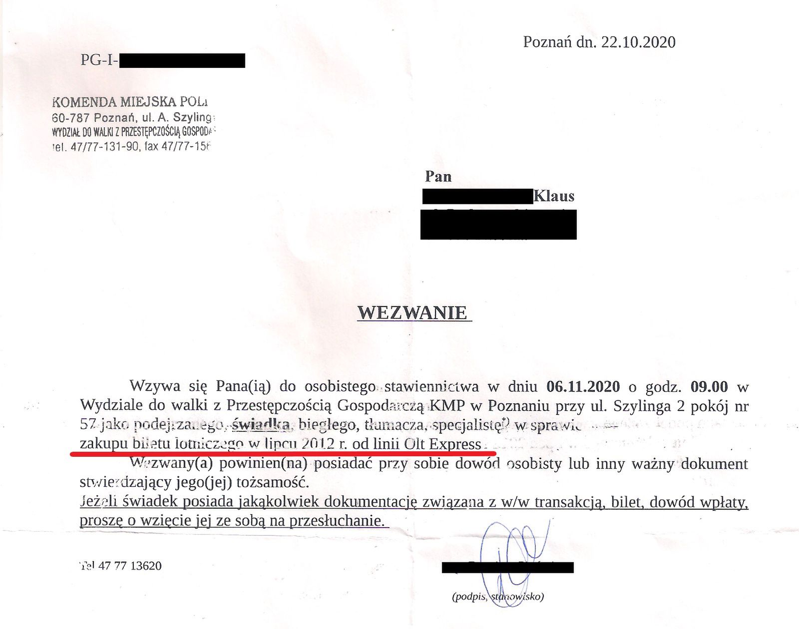 Wezwanie na komendę ws. OLT Express