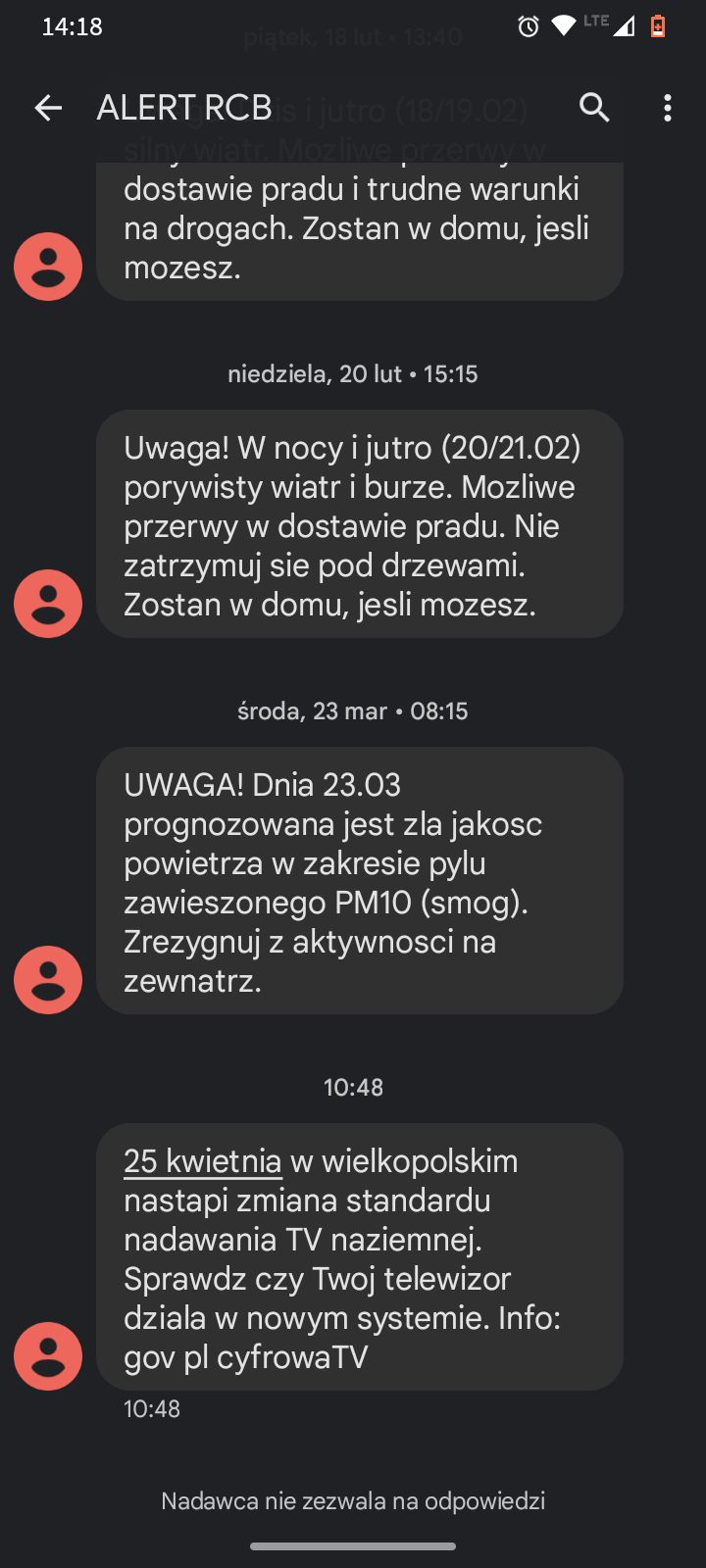 Ostatnie Alerty RCB przesyłane do mieszkańców Poznania. Ostatni, najnowszy, dotyczy zmiany systemu nadawania telewizji. Poprzednie informują o złej jakości powietrza i załamach pogody. 