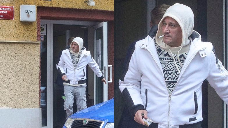 Skwaszony Michał Wiśniewski na fajce pod prokuraturą