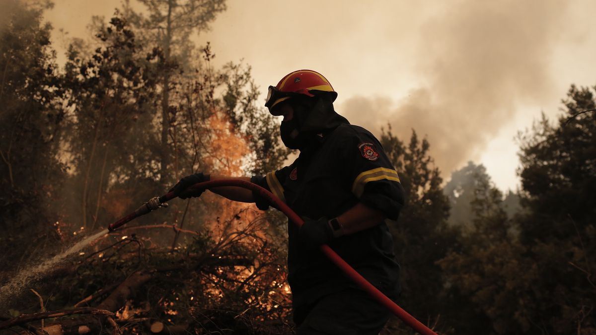 epa09407184 A firefighter battles flames during a wildfire at the village of Istiaia in the island of Evia, Greece, 09 August 2021. Fires that broke out in Attica and Evia island this week have burned more than a quarter of a million stremmas, the National Observatory of Athens' center Beyond said on August 08. Some 76,150 stremmas (7,615 hectares) have been burnt so far in northern Attica. At Evia island the surface area of burnt land is measured at 197,940 stremmas (19,794 hectares). These figures concern only the fires in Attica and Evia, but dozens of large fires have affected several areas across the country.  EPA/KOSTAS TSIRONIS Dostawca: PAP/EPA.