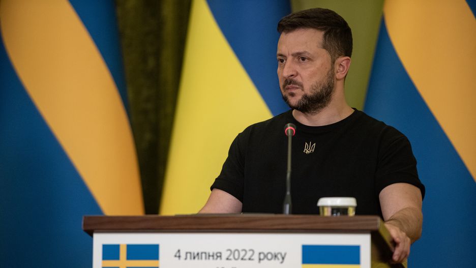 KYIV, UKRAINE - JULY 04: Ukrainian President Volodymyr Zelensky is seen during a joint press conference with Swedish Prime Minister Magdalena Andersson on July 4, 2022 in Kyiv, Ukraine. Russia's invasion of Ukraine has spurred Sweden, along with Finland, to seek membership in the NATO military alliance after decades of neutrality. (Photo by Alexey Furman/Getty Images)