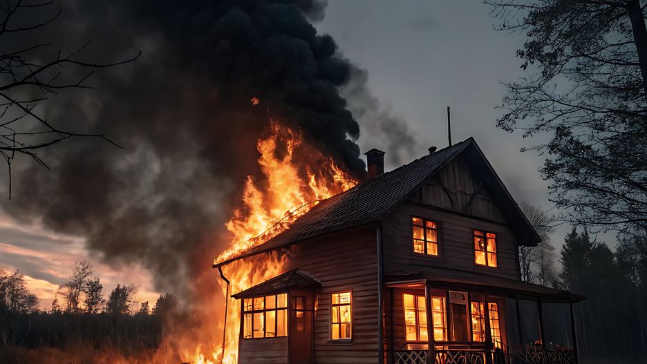 Burning wooden house at night, flames through roof and windows, thick black smoke.
Intense night fire, orange glow and smoke filling the sky.
house, fire, night, burning, wooden, blaze, smoke, flames, destruction, windows, roof, heat, emergency, disaster, structure, glowing, dark, ember, collapse, intense, orange, black sky, glowing roof, rural, architecture, tragedy, inferno, firelight, rooftop, dramatic, hot, glowing embers, flames out, smoke column, fire hazard, emergency fire, night scene, no people, dangerous, ash, flicker, darkness, heatwave, burnt house, catastrophe, high contrast, house, fire, night, burning, wooden, blaze, smoke, flames, destruction, windows, roof, heat, emergency, disaster, structure, glowing, dark, ember, collapse, intense, orange, black sky, glowing roof, rural, architecture, tragedy, inferno, firelight, rooftop, dramatic, hot, glowing embers, flames out, smoke column, fire hazard, emergency fire, night scene, no people, dangerous, ash, flicker, darkness, heatwave, burnt house, catastrophe, high contrast