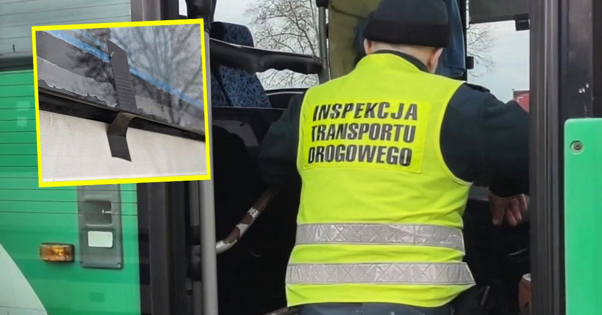 Szyby autobusu szkolnego przyklejone taśmą