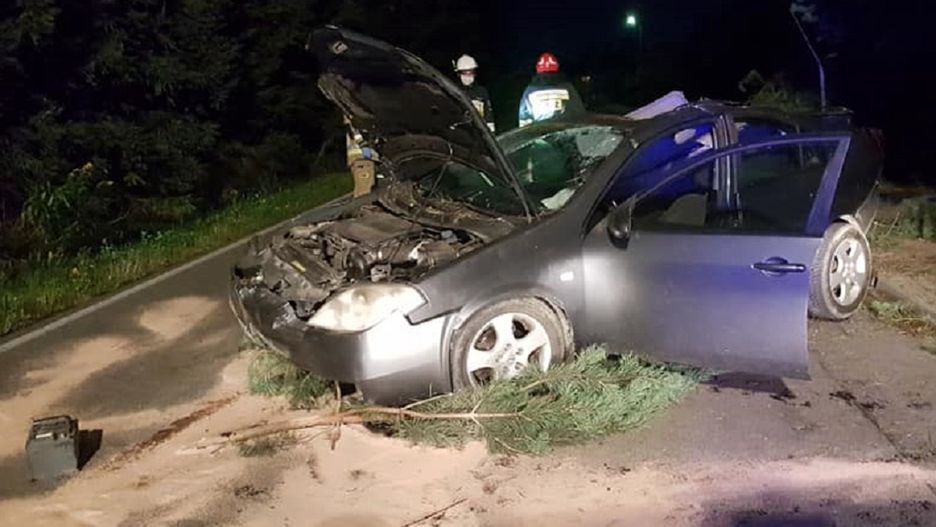 Tęgoborze. Groźby wypadek. Auto wylądowało na drzewie
