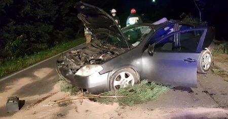 Tęgoborze. Auto rozbite, drzewo przełamane na pół. Jest ranny