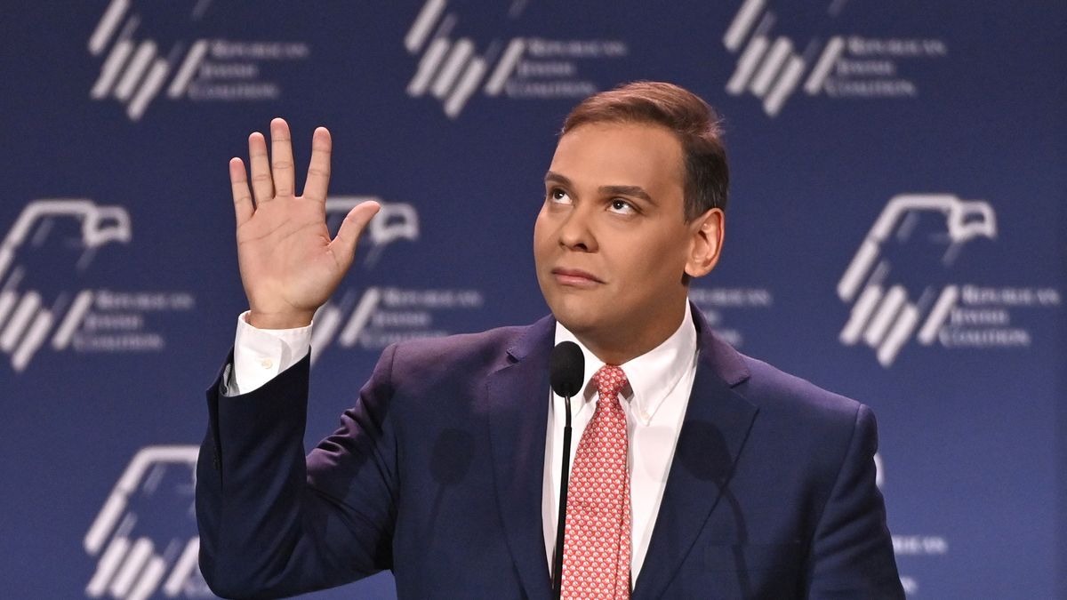 LAS VEGAS, NV - NOVEMBER 19: New York Congressman-Elect George Santos speaks during the Republican Jewish Coalition (RJC) Annual Leadership Meeting at the Venetian Las Vegas in Las Vegas, Nevada on November 19, 2022. The meeting comes on the heels of former President Donald Trump becoming the first candidate to declare his intention to seek the GOP nomination in the 2024 presidential race. (Photo by David Becker for the Washington Post)