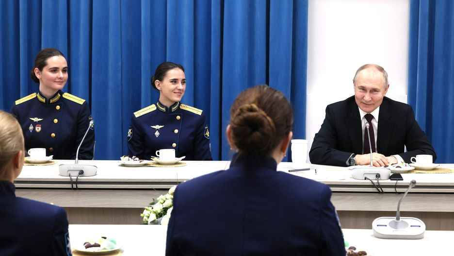 MOSCOW, RUSSIA - MARCH 7: (----EDITORIAL USE ONLY - MANDATORY CREDIT - 'KREMLIN PRESS OFFICE / HANDOUT' - NO MARKETING NO ADVERTISING CAMPAIGNS - DISTRIBUTED AS A SERVICE TO CLIENTS----) Russia's President Vladimir Putin meets with graduates at Krasnodar Higher Military Aviation School of Pilots in Krasnodar, Russia on March 7, 2024. (Photo by Kremlin Press Office / Handout/Anadolu via Getty Images)