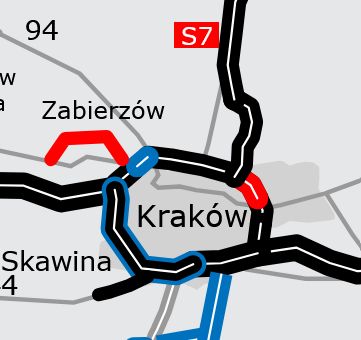 IV obwodnica Krakowa, na czerwono odcinek w budowie