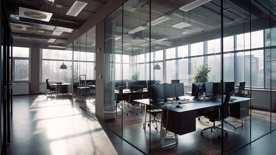 High-quality photograph of modern and well-designed office space. Generative Ai.