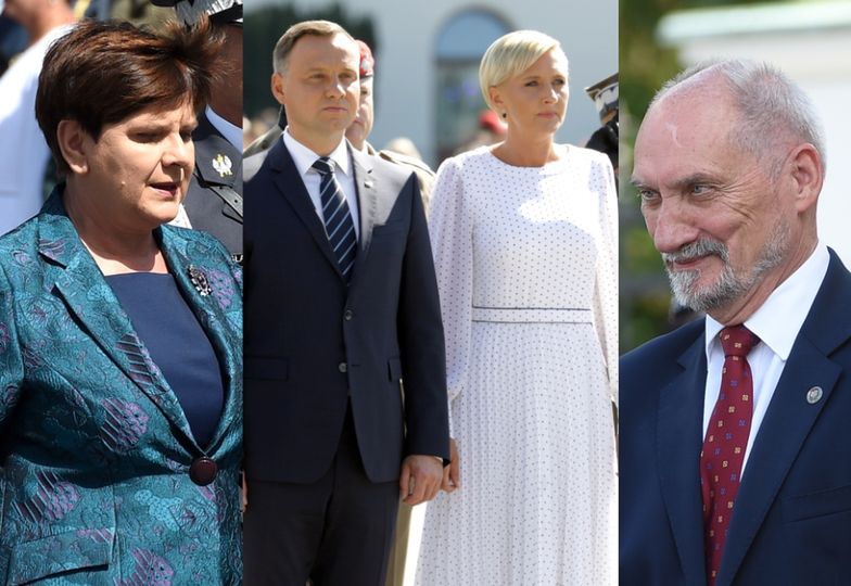 Beata Szydło, Andrzej Duda z żoną Agatą i Antoni Macierewicz na defiladzie