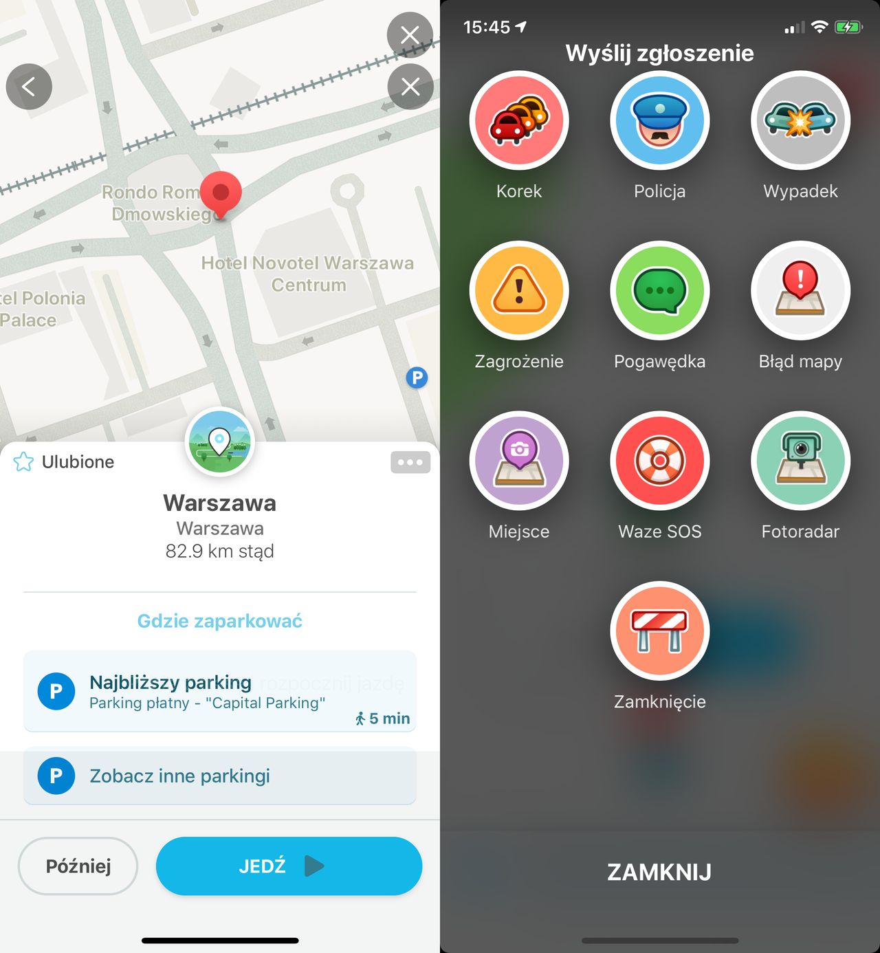 Aplikacja Waze z funkcją zgłaszania kontroli policyjnej.