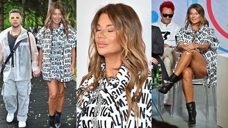 Edyta Górniak na konferencji Polsat SuperHit Festiwal: spacer w deszczu z Allanem za rękę, prezentacja nóg i pozowanie na ściance (ZDJĘCIA)