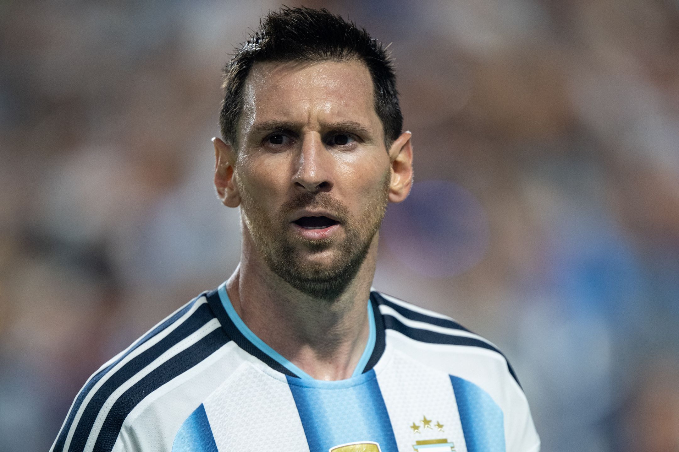 KANSAS CITY, MISSOURI - JULY 11: Lionel Messi of Argentina looks on during the FIFA World Cup 2026 Quarter Final match between Argentina and Switzerland at Kansas City Stadium on July 11, 2026 in Kansas City, United States. (Photo by Sebastian Frej/Getty Images)