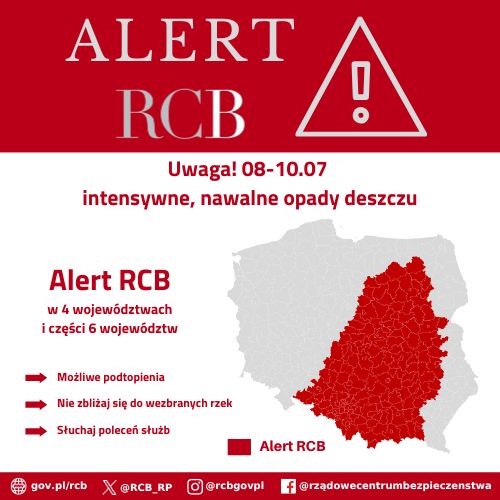 Alert RCB. Możliwe intensywne, nawalne opady deszczu.